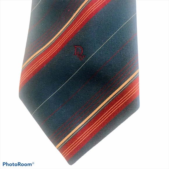 CHRISTIAN DIOR Luxury Tie Slate Blue Tan Red Stripe Tie Paris New York  3.25” - Picture 9 of 13